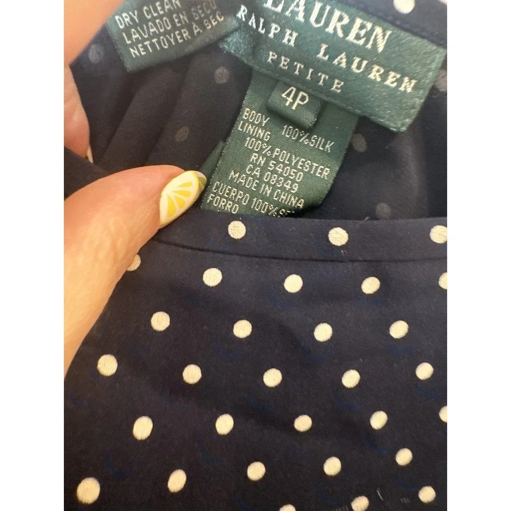 Lauren Ralph Lauren Skirt Womens 4P Petite Blue Polka Dot Silk A Line Midi Lined